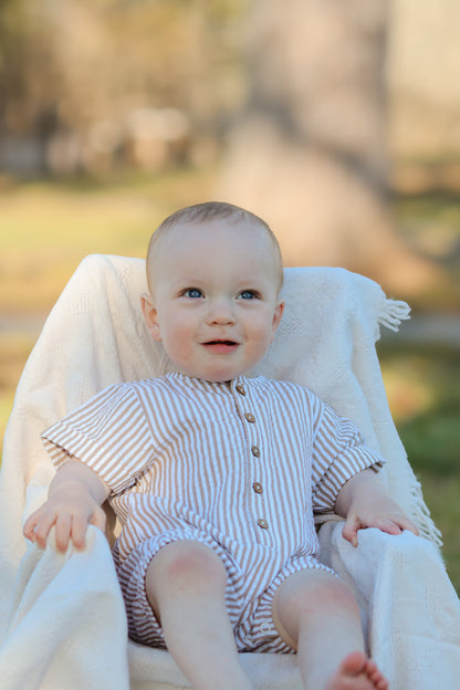 Organic Short Bubble Romper - Brown Stripes