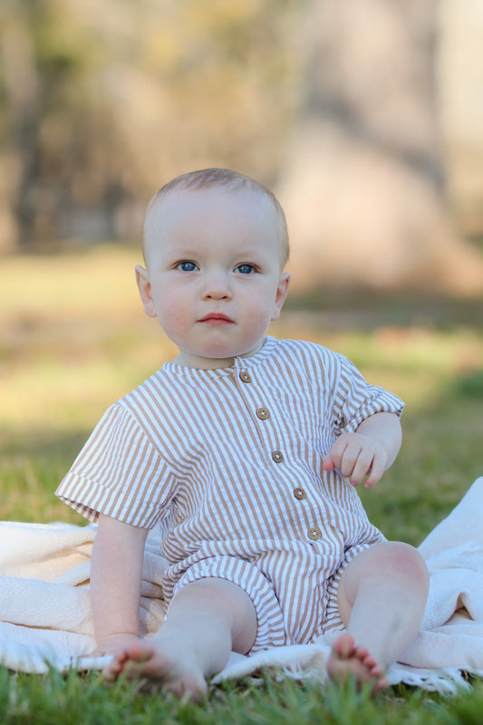 Organic Short Bubble Romper - Brown Stripes